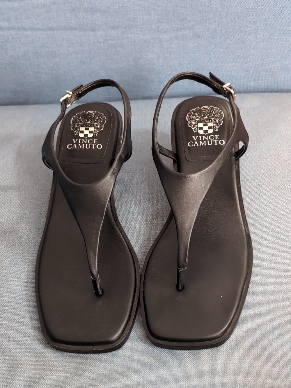 Vince Camuto Black T-Strap Square-Toe Sandals with Ankle Buckle